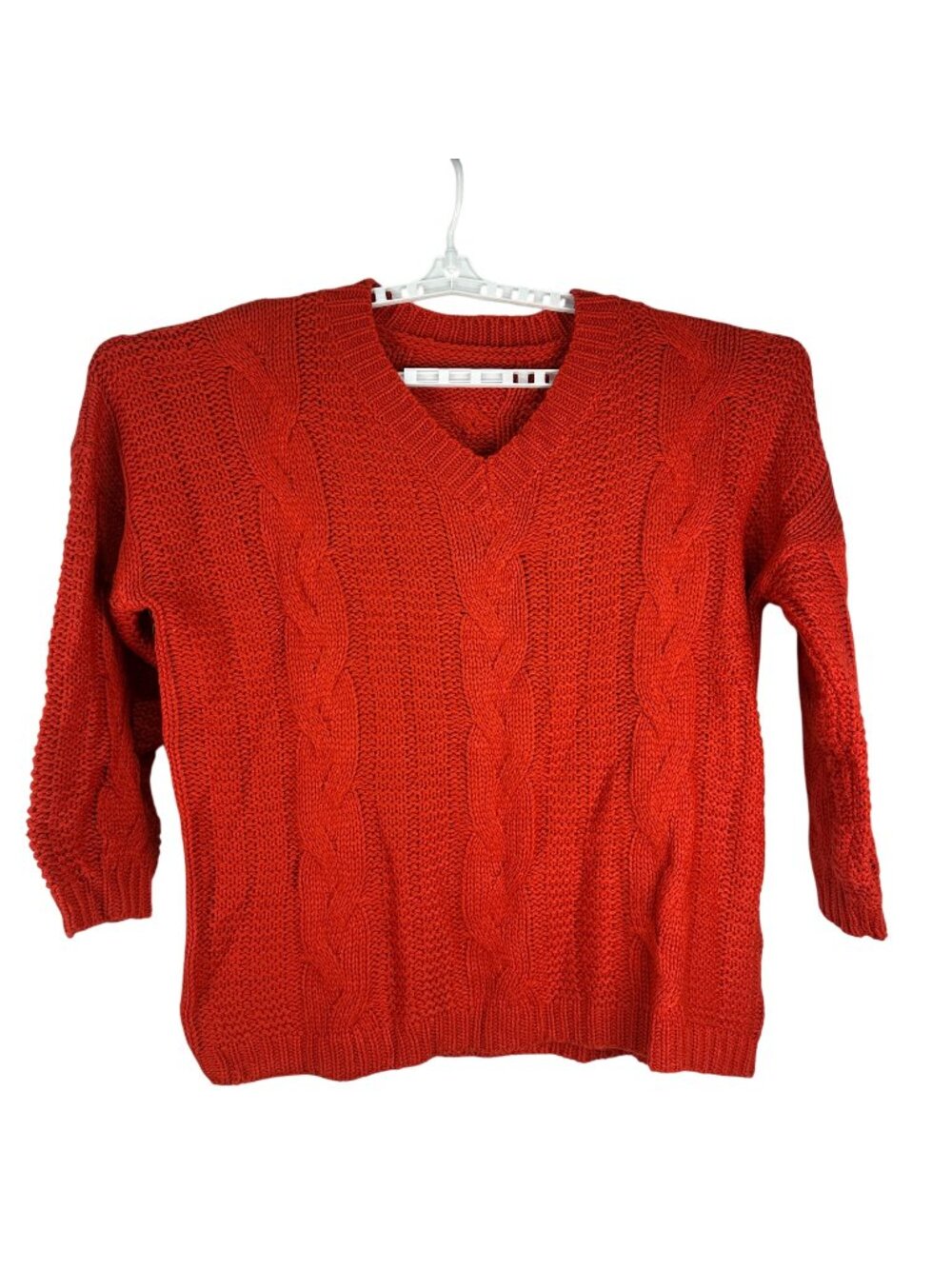 Brick Red Acrylic Knit V-Neck Sweater XX-Large Cable Knit Pullover Design
